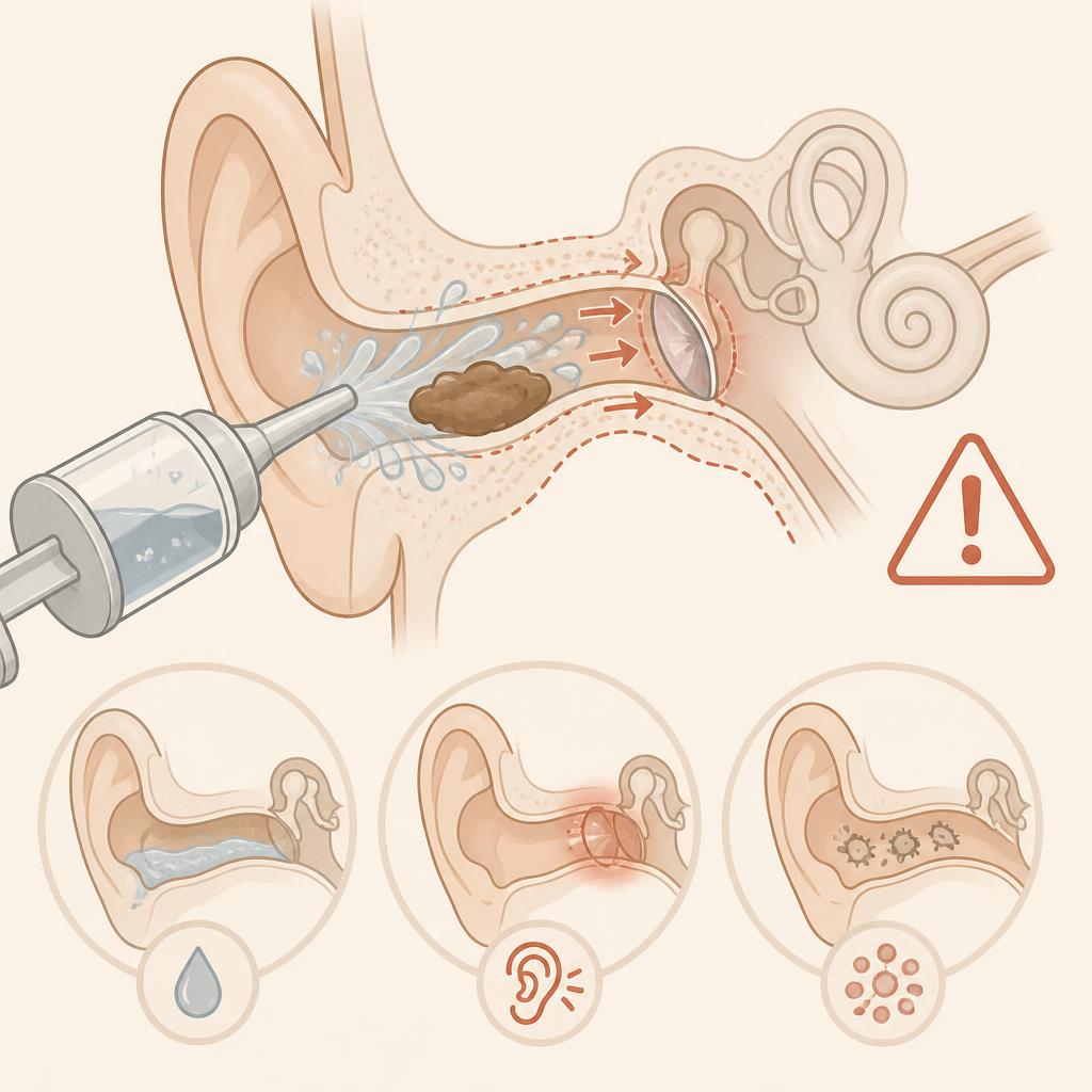 Water irrigation procedure: a syringe flushes water into the ear canal