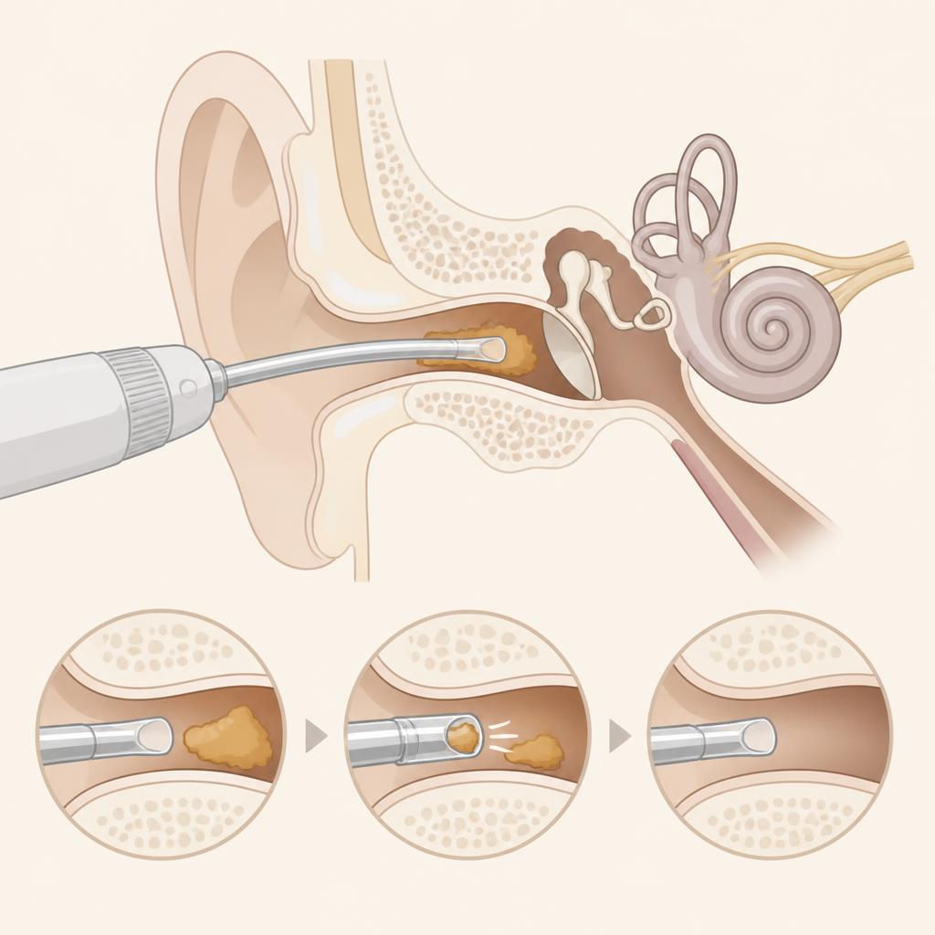 Microsuction procedure: a tiny suction device gently removes ear wax under direct vision
